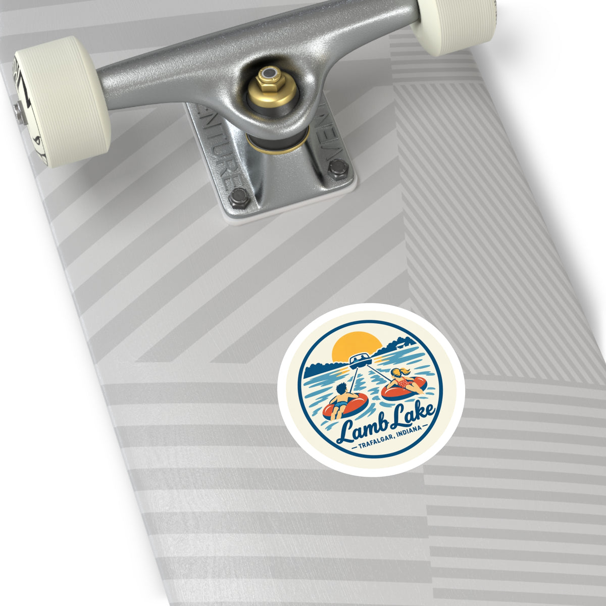 Lamb Lake Round Sticker — Retro Lake Tubing Design (Trafalgar, Indiana)