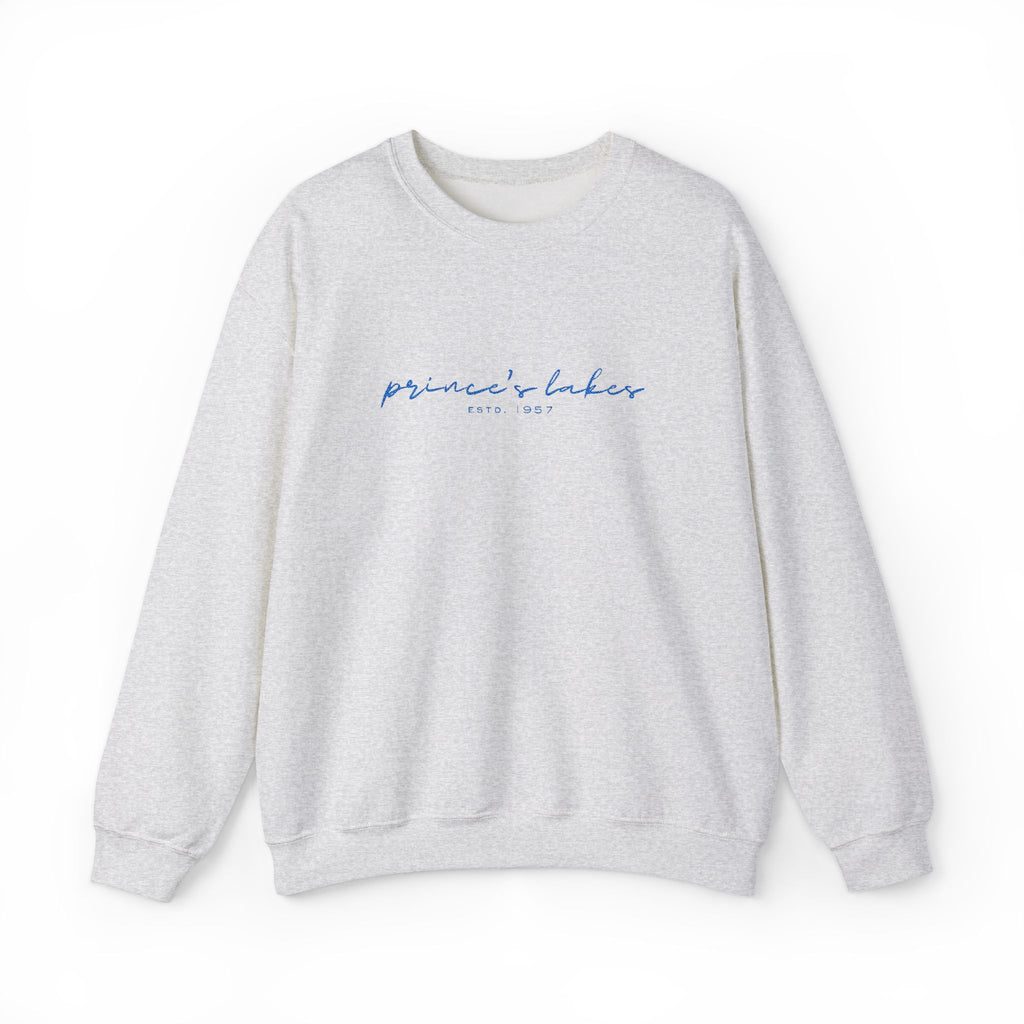 'Prince's Lakes' Script Embroidered Unisex Sweatshirt — Minimal Blue Handwritten Logo Crewneck