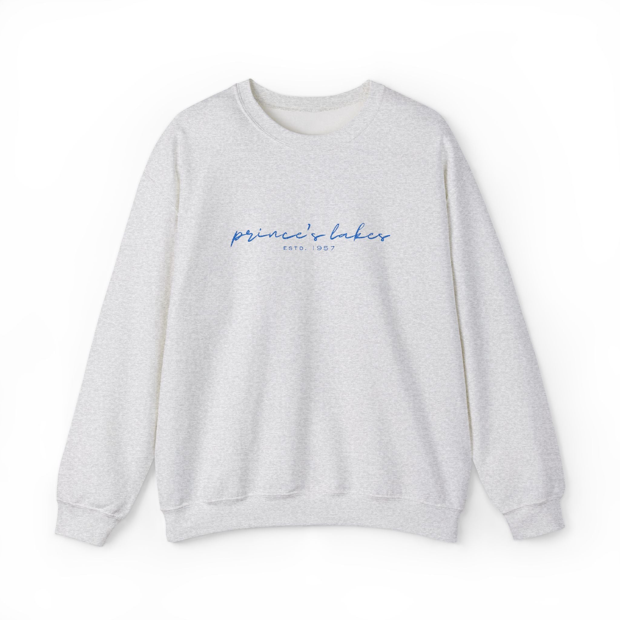 'Prince's Lakes' Script Embroidered Unisex Sweatshirt — Minimal Blue Handwritten Logo Crewneck
