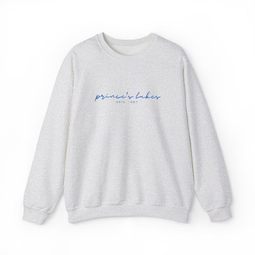 'Prince's Lakes' Script Embroidered Unisex Sweatshirt — Minimal Blue Handwritten Logo Crewneck