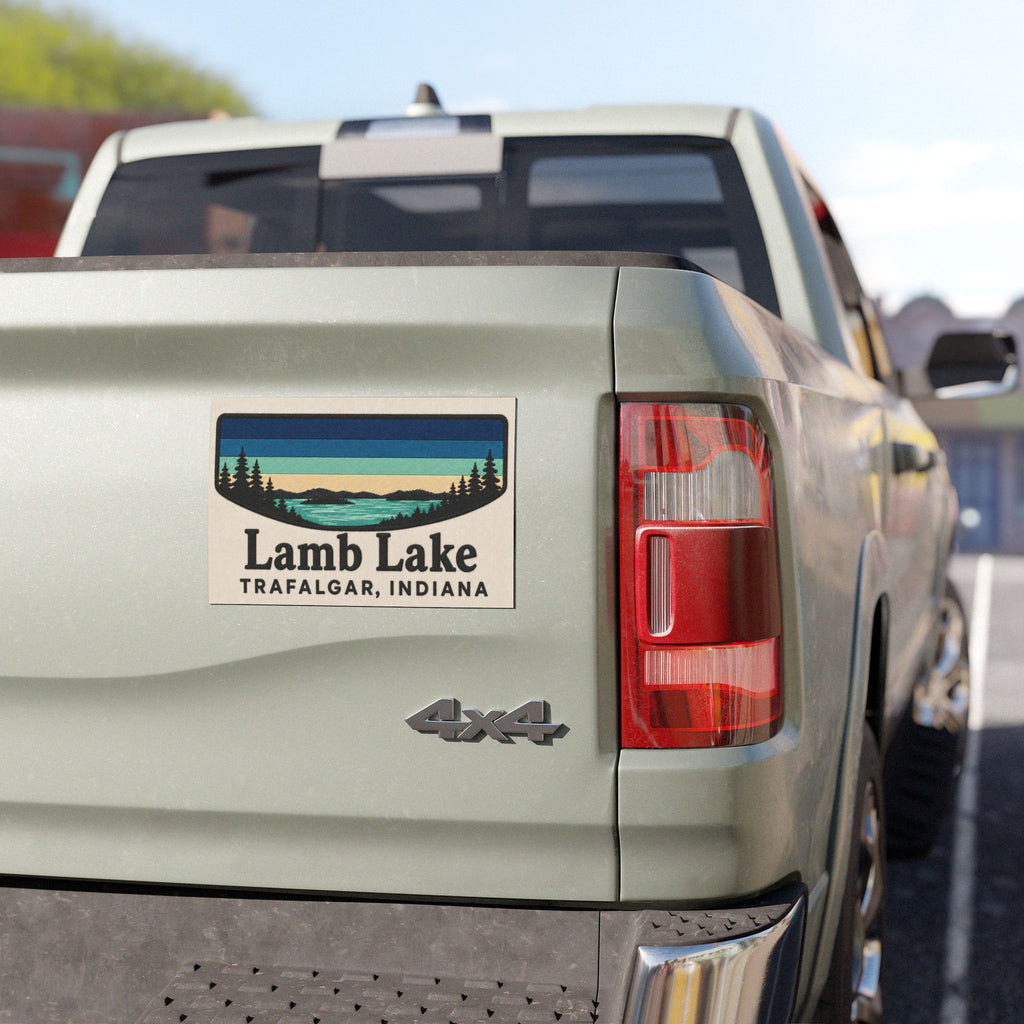 Lamb Lake Car Magnet — Trafalgar, Indiana Retro Lake Design