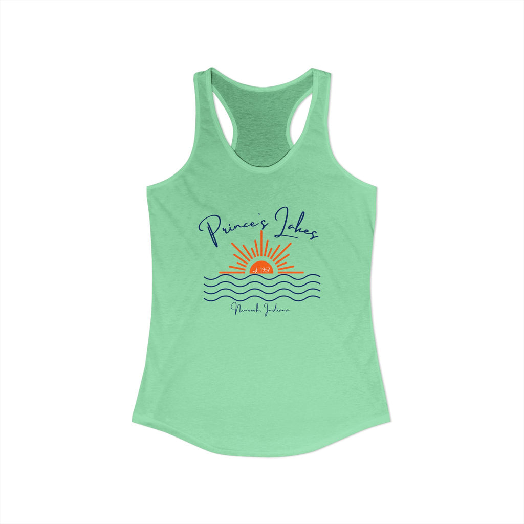 Women's Ideal Racerback Tank- Sun over Water "Prince's Lakes" Script