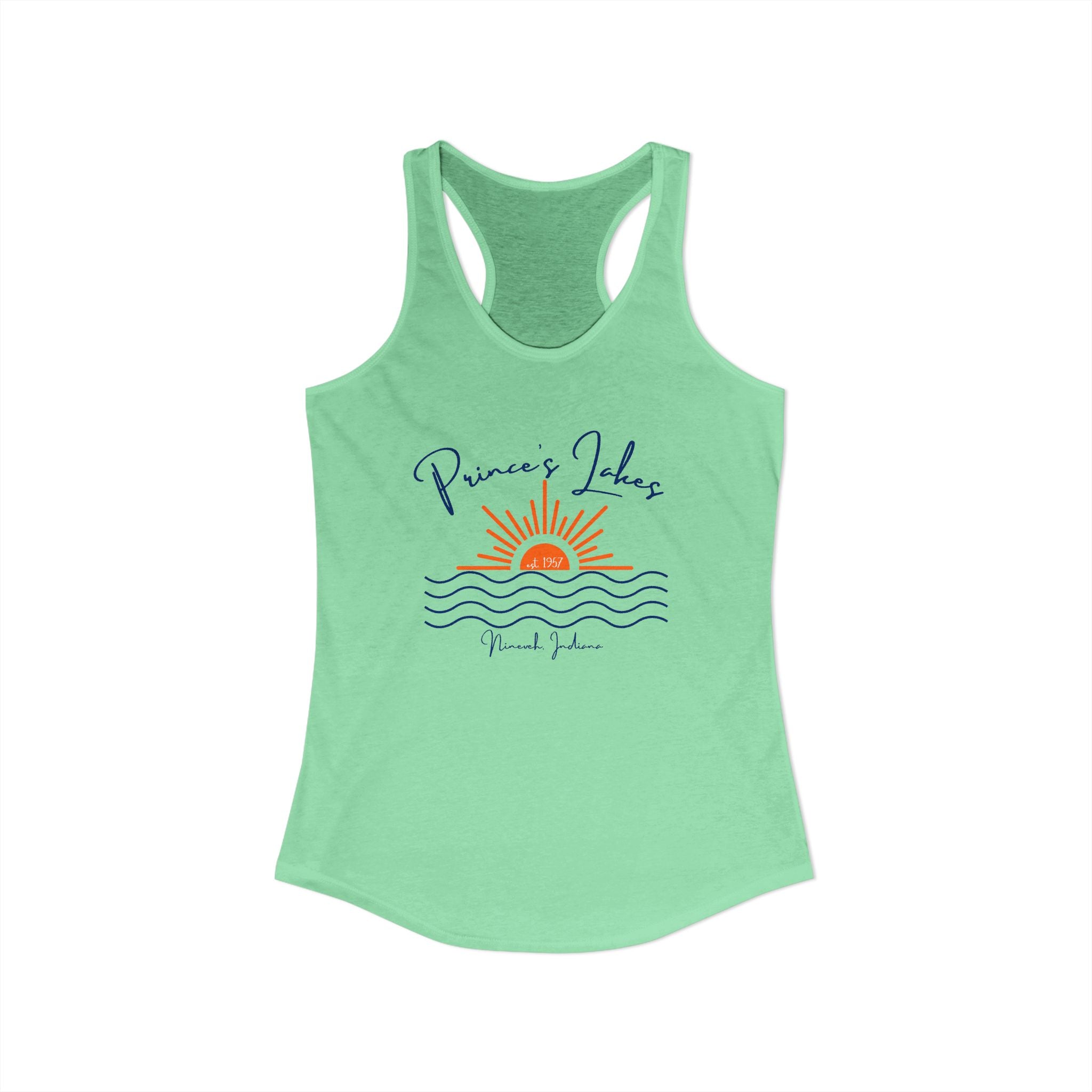 Women's Ideal Racerback Tank- Sun over Water "Prince's Lakes" Script