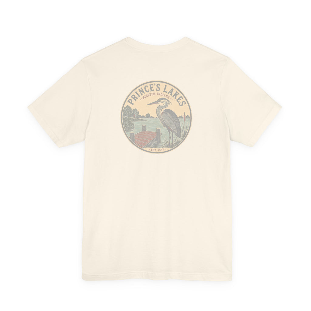 Prince's Lakes Great Blue Heron Graphic Tee — Vintage Nature Pocket & Back Print