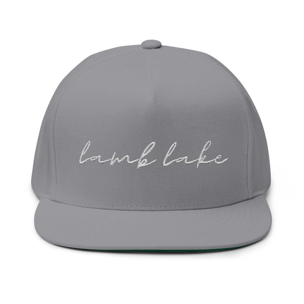 Lamb Lake White Script Embroidered Flat Bill Cap