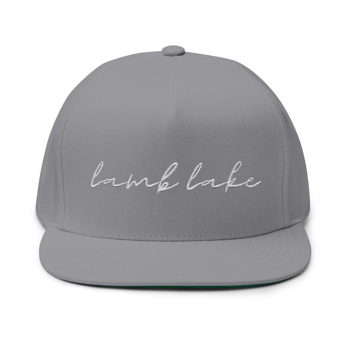 Lamb Lake White Script Embroidered Flat Bill Cap