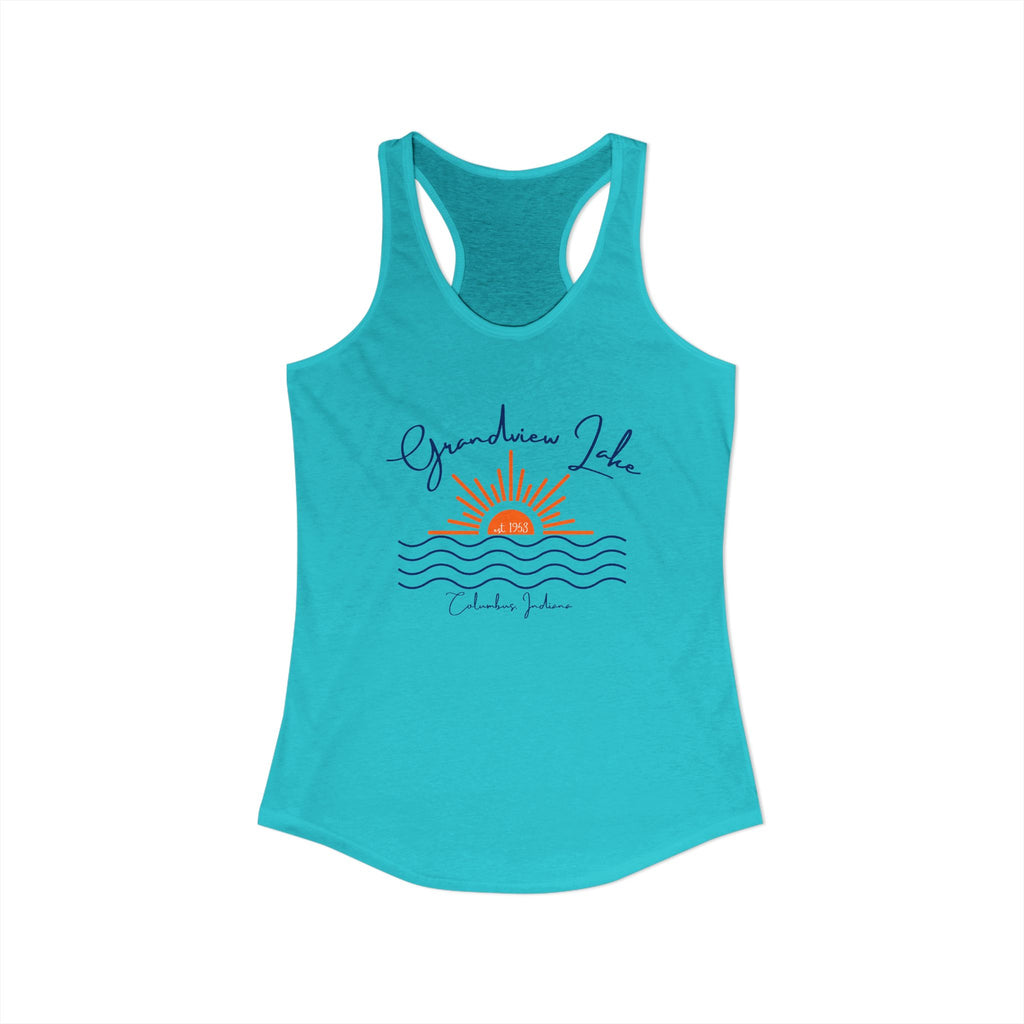 Women's Ideal Racerback Tank- Sun over Water "Grandview Lake" Script