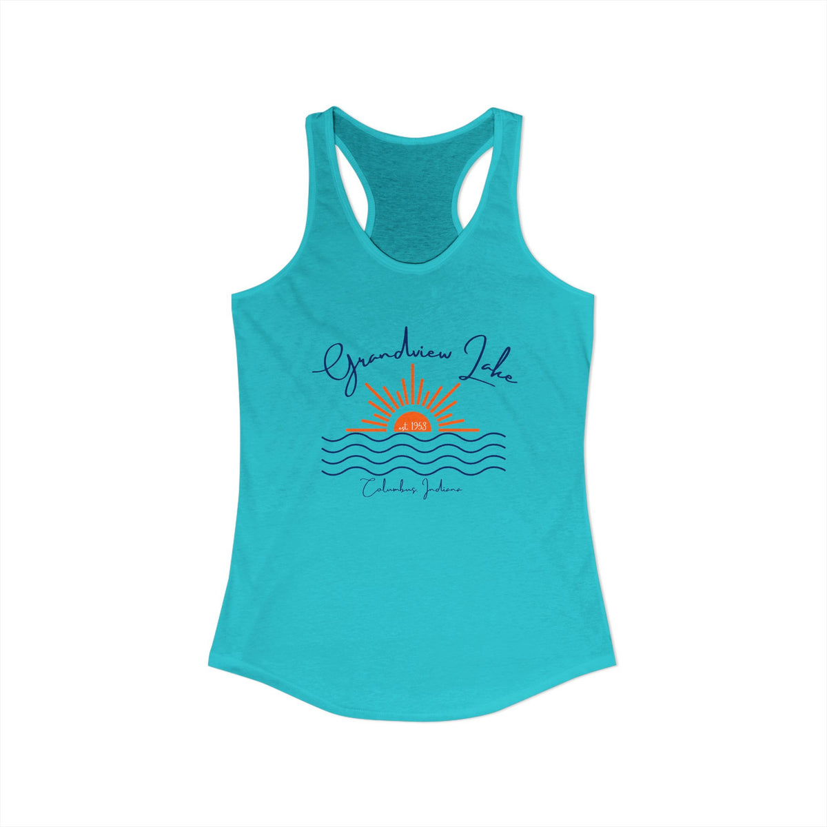 Women's Ideal Racerback Tank- Sun over Water "Grandview Lake" Script
