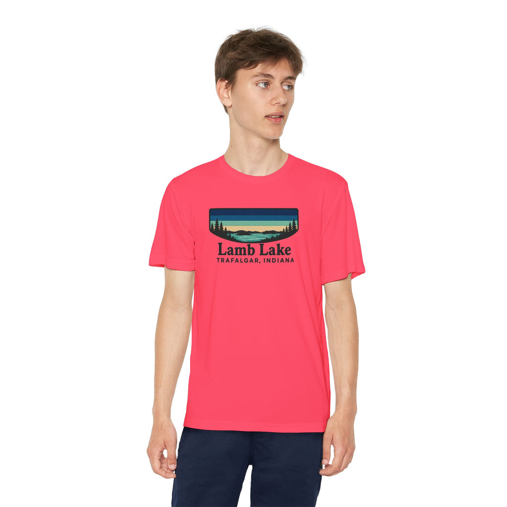 Youth Performance Tee — Lamb Lake Retro Sunset Camp Shirt