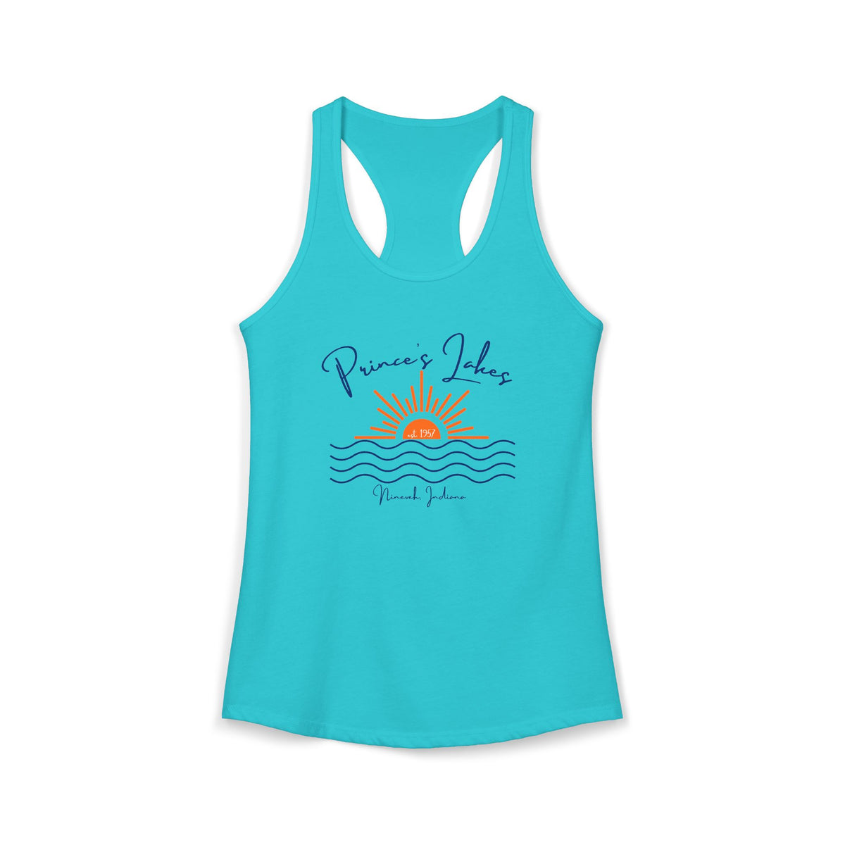 Women's Ideal Racerback Tank- Sun over Water "Prince's Lakes" Script