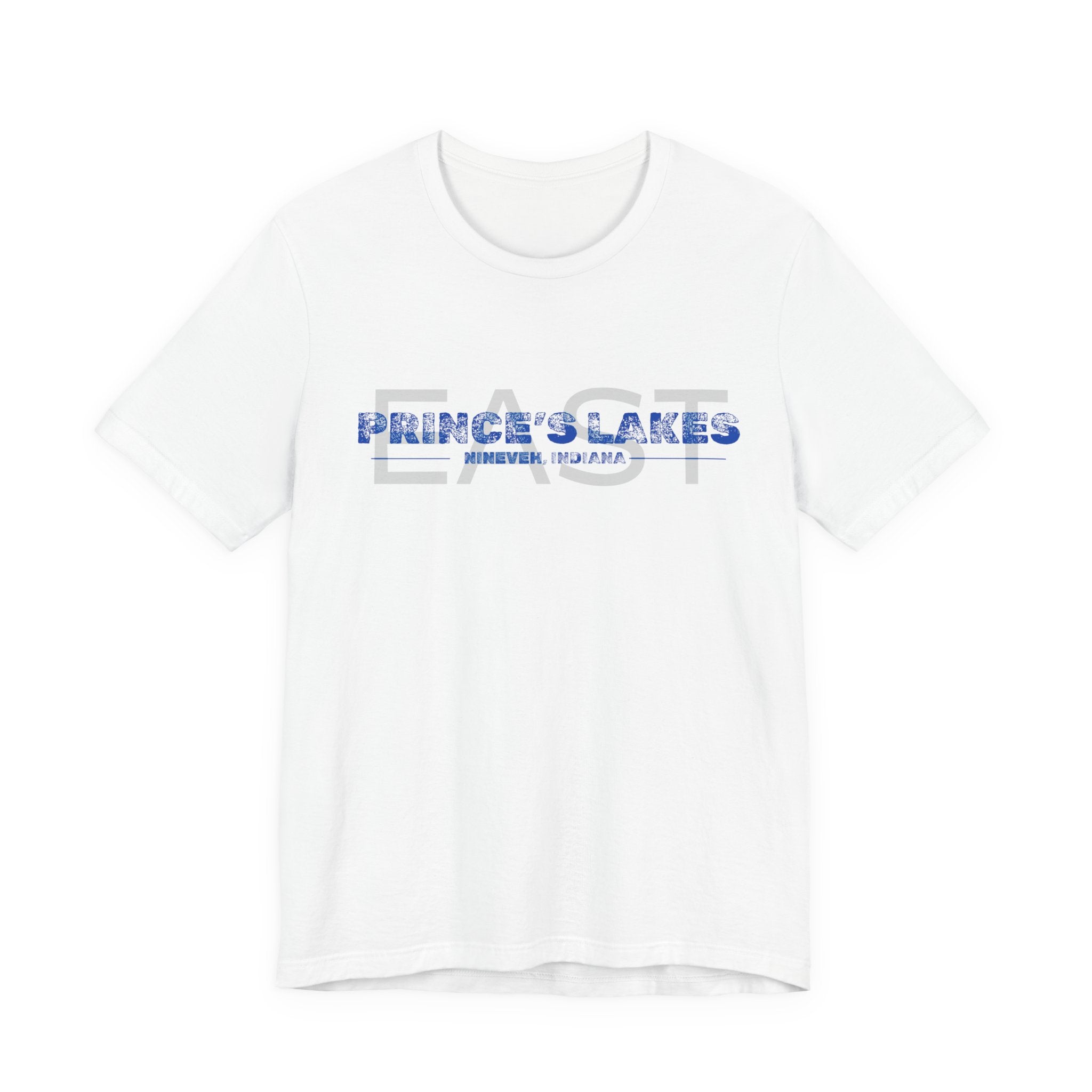 EAST Prince's Lakes, Indiana Tee — Vintage Blue Text Short Sleeve T-Shirt