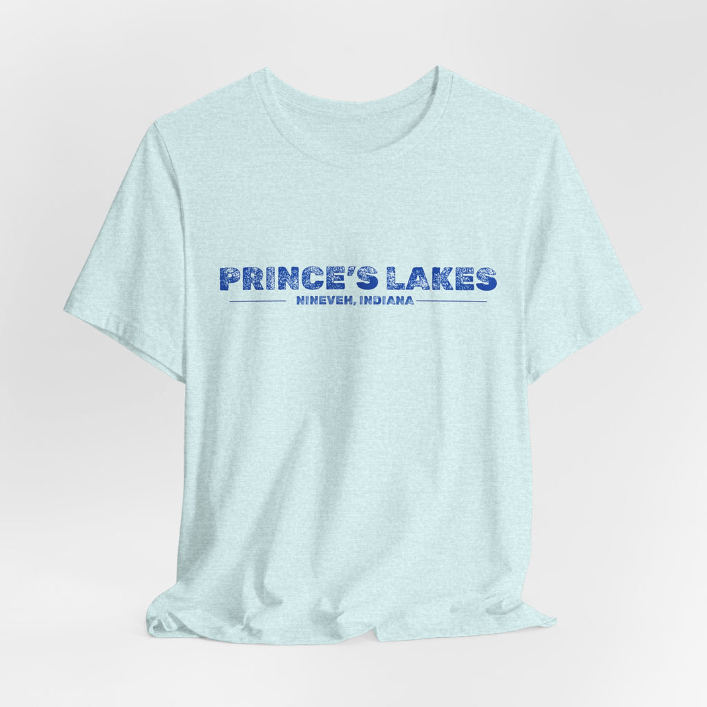 Prince's Lakes, Indiana Tee — Vintage Blue Text Short Sleeve T-Shirt