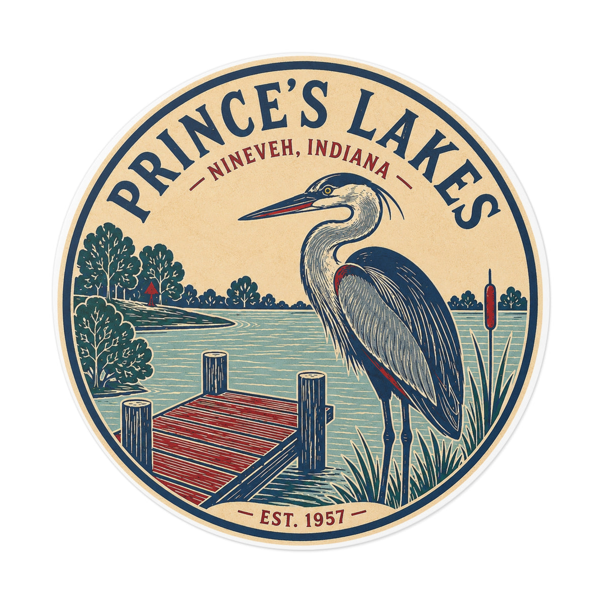 Prince's Lakes Round Vinyl Sticker — Vintage Heron Lake Scene