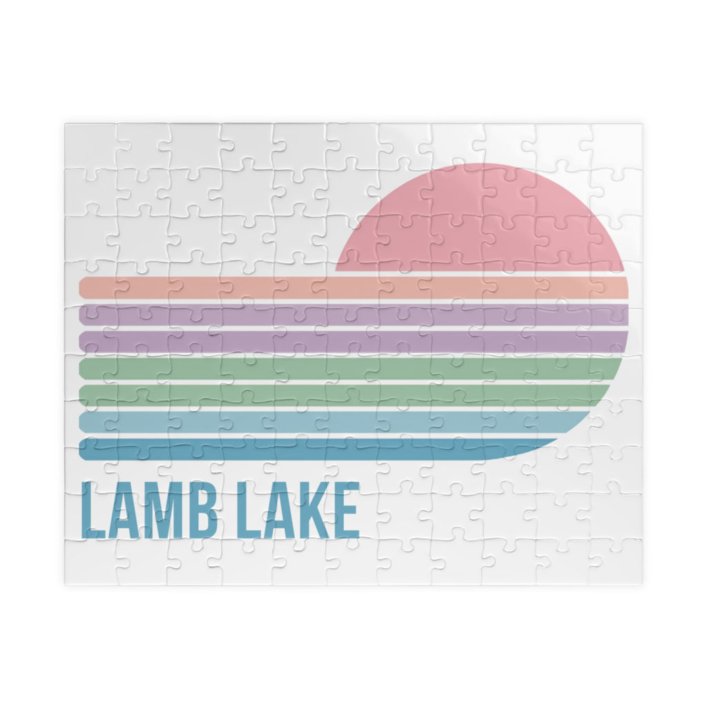 Kids Lamb Lake Sunset Puzzle — Pastel Stripes Jigsaw (110, 252, 510 pc)