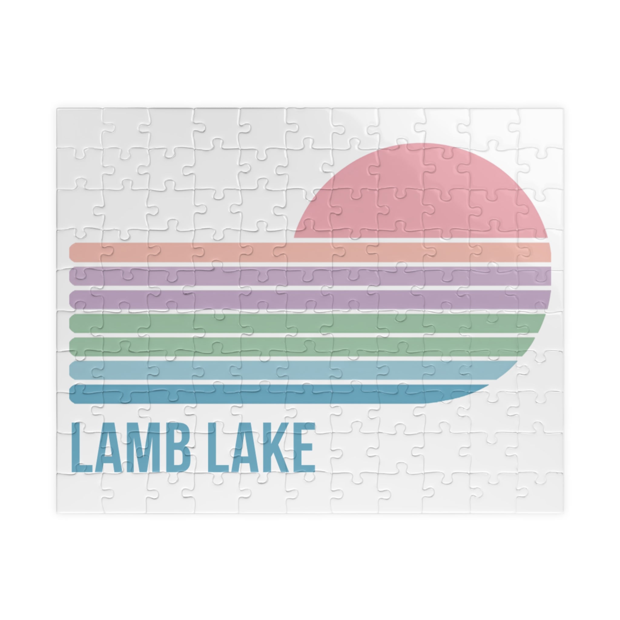 Kids Lamb Lake Sunset Puzzle — Pastel Stripes Jigsaw (110, 252, 510 pc)