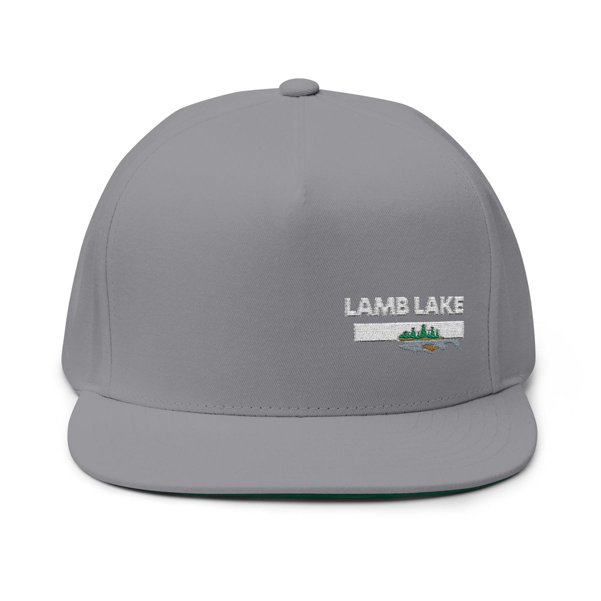 Lamb Lake White Embroidered Flat Bill Cap — Fishing & Lake Life Snapback
