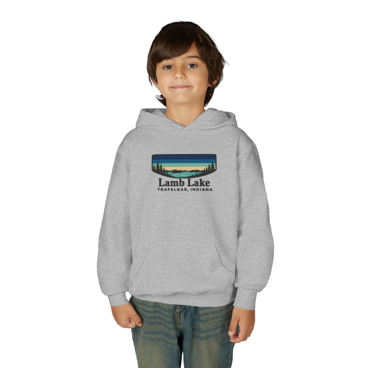 Youth Hoodie — Lamb Lake Indiana Retro Lake Graphic