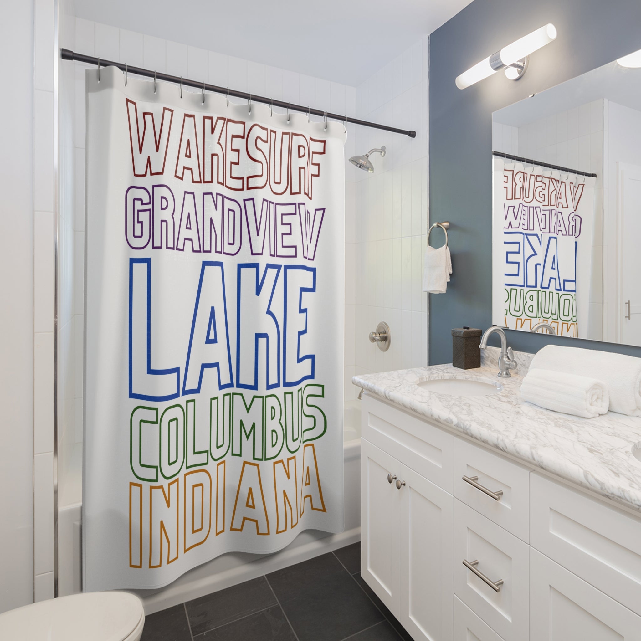 Grandview Lake Wakesurf Shower Curtain — Columbus Indiana Lake Typography