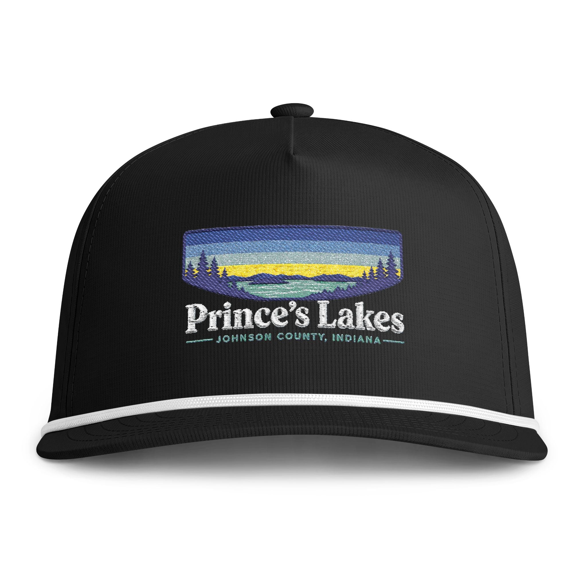 Sunset Lakes Rope Cap — "Prince's Lakes" White Font Embroidered Trucker Hat