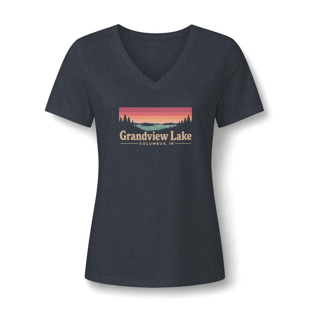 Grandview Lake Women's V-Neck Tee — Sunset Lake Graphic