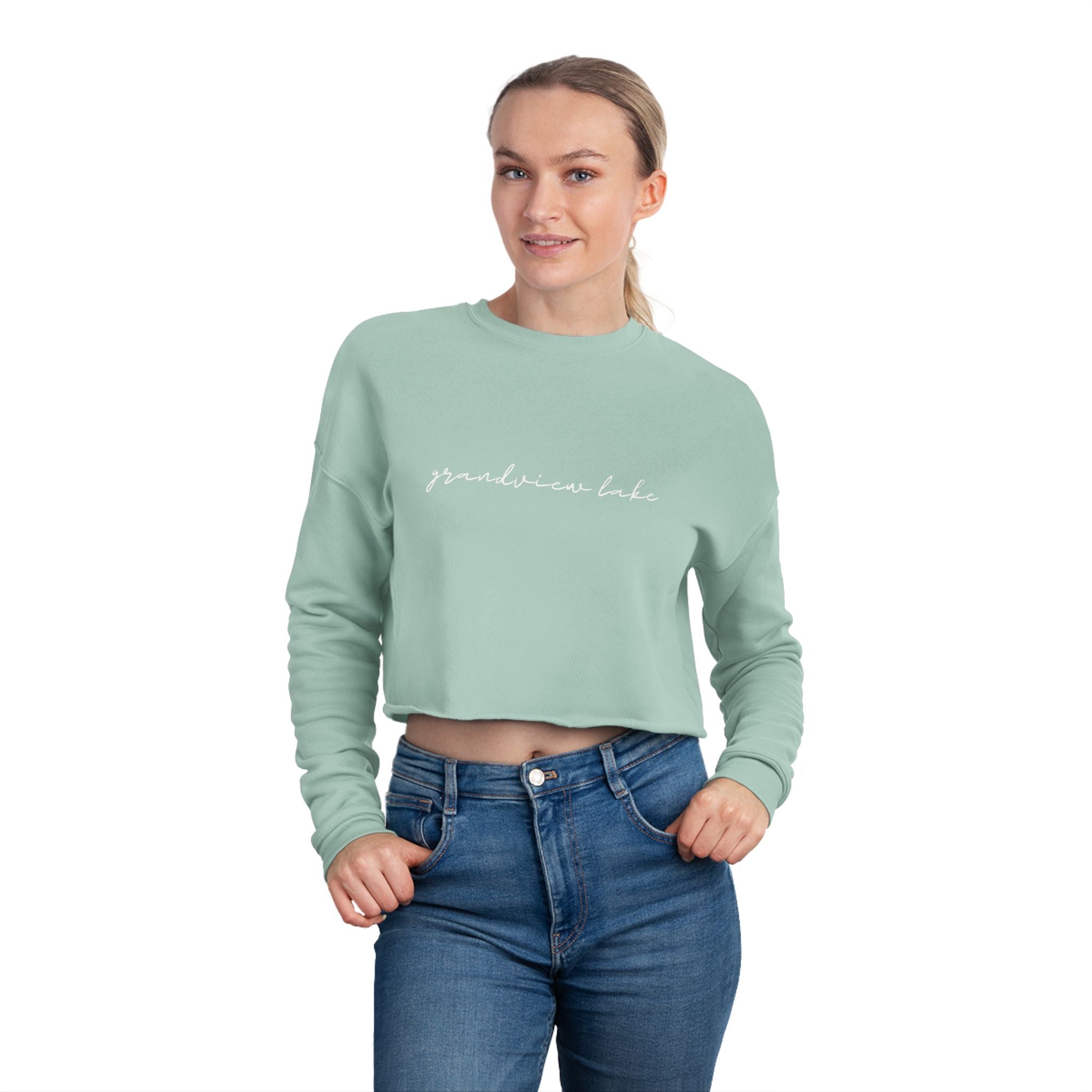 Cropped Hem Sweatshirt — 'grandview lake' Script Logo, Cozy Casual Pullover