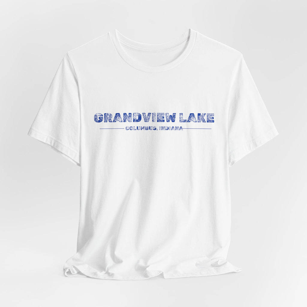 Grandview Lake Columbus, Indiana Tee — Vintage Blue Text Short Sleeve T-Shirt