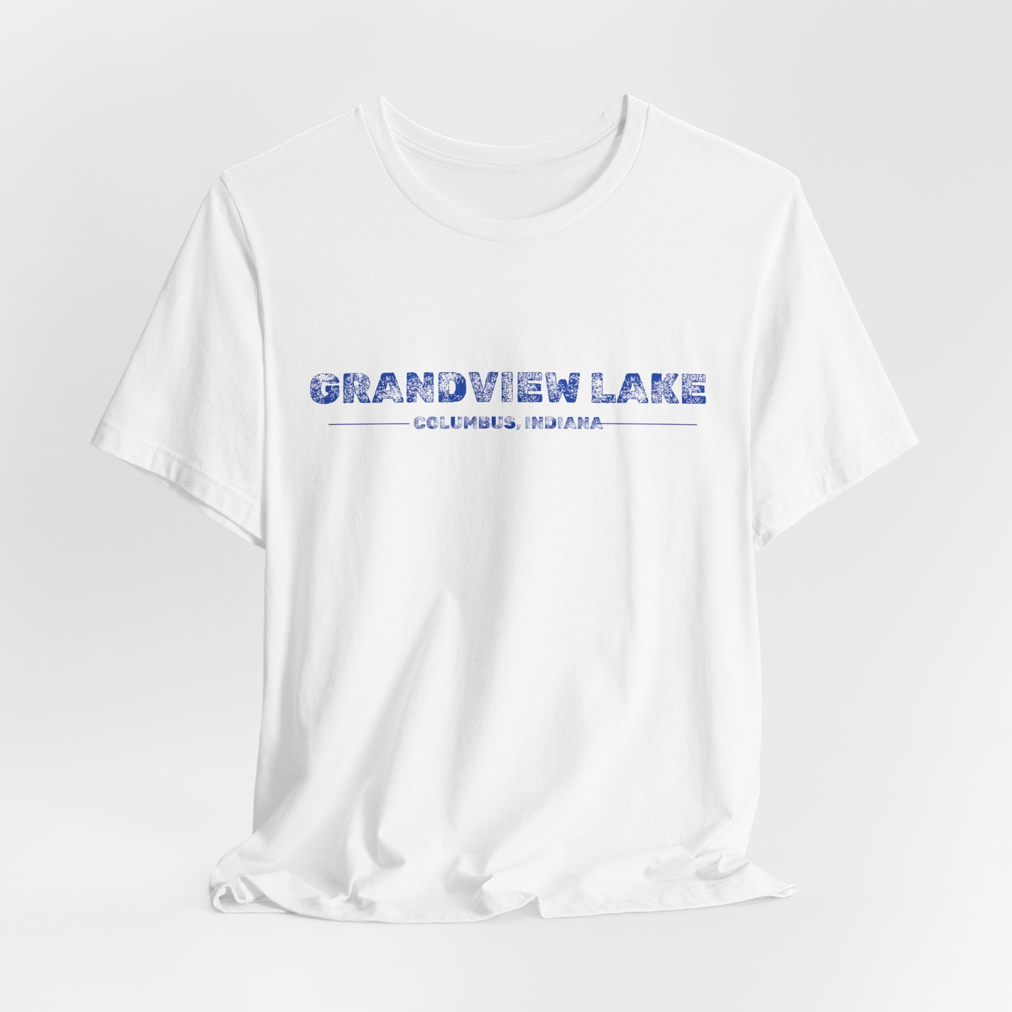 Grandview Lake Columbus, Indiana Tee — Vintage Blue Text Short Sleeve T-Shirt