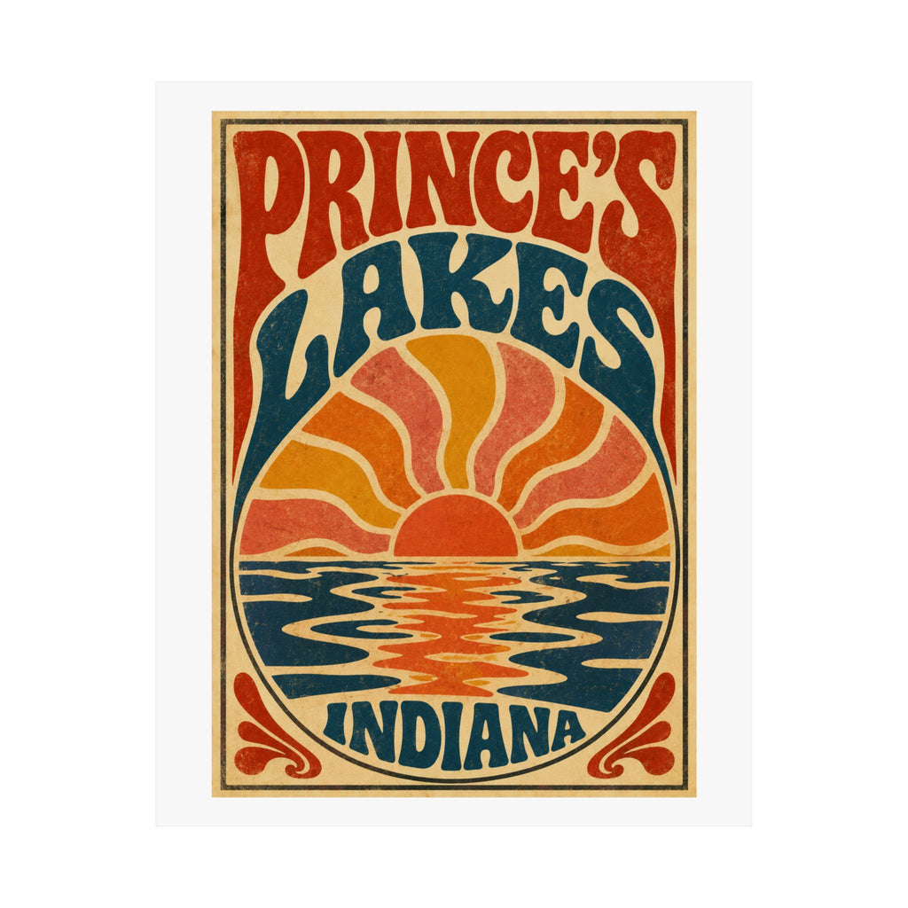 Prince's Lakes Indiana Groovy Sunset Poster — Matte Vertical Wall Art