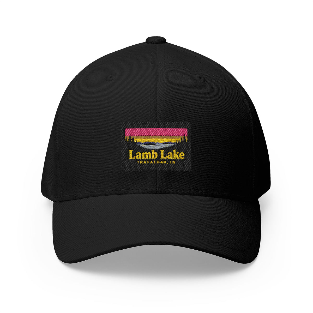 Lamb Lake Embroidered Cap — Scenic Lake Sunset Hat