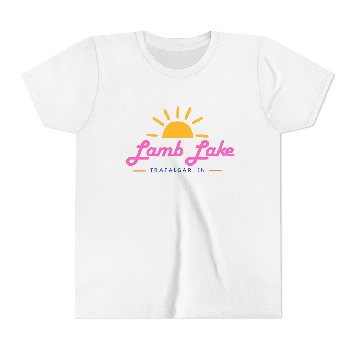 Youth Tee — Lamb Lake Retro Sunset Kids Shirt (Trafalgar, IN)