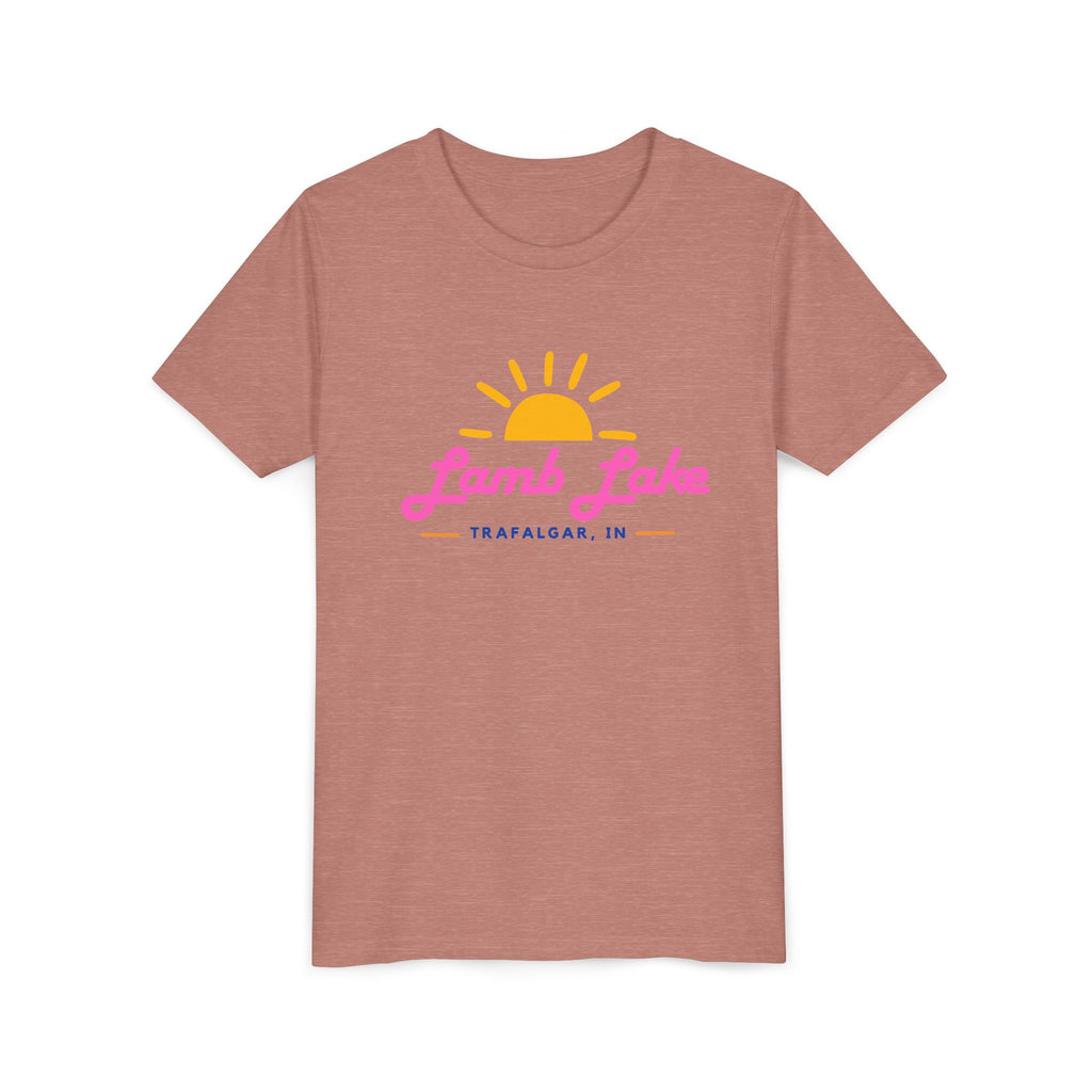 Youth Tee — Lamb Lake Retro Sunset Kids Shirt (Trafalgar, IN)