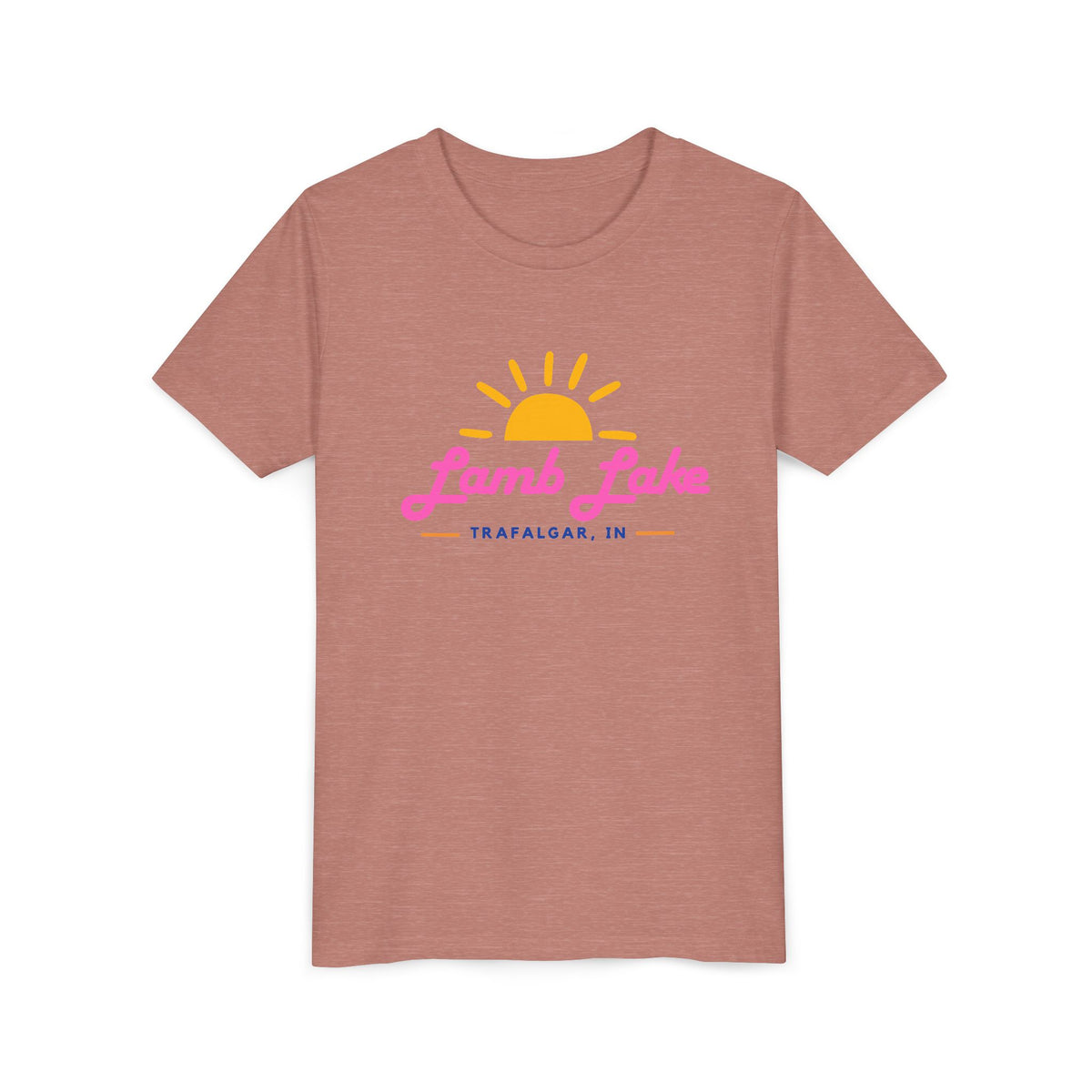 Youth Tee — Lamb Lake Retro Sunset Kids Shirt (Trafalgar, IN)