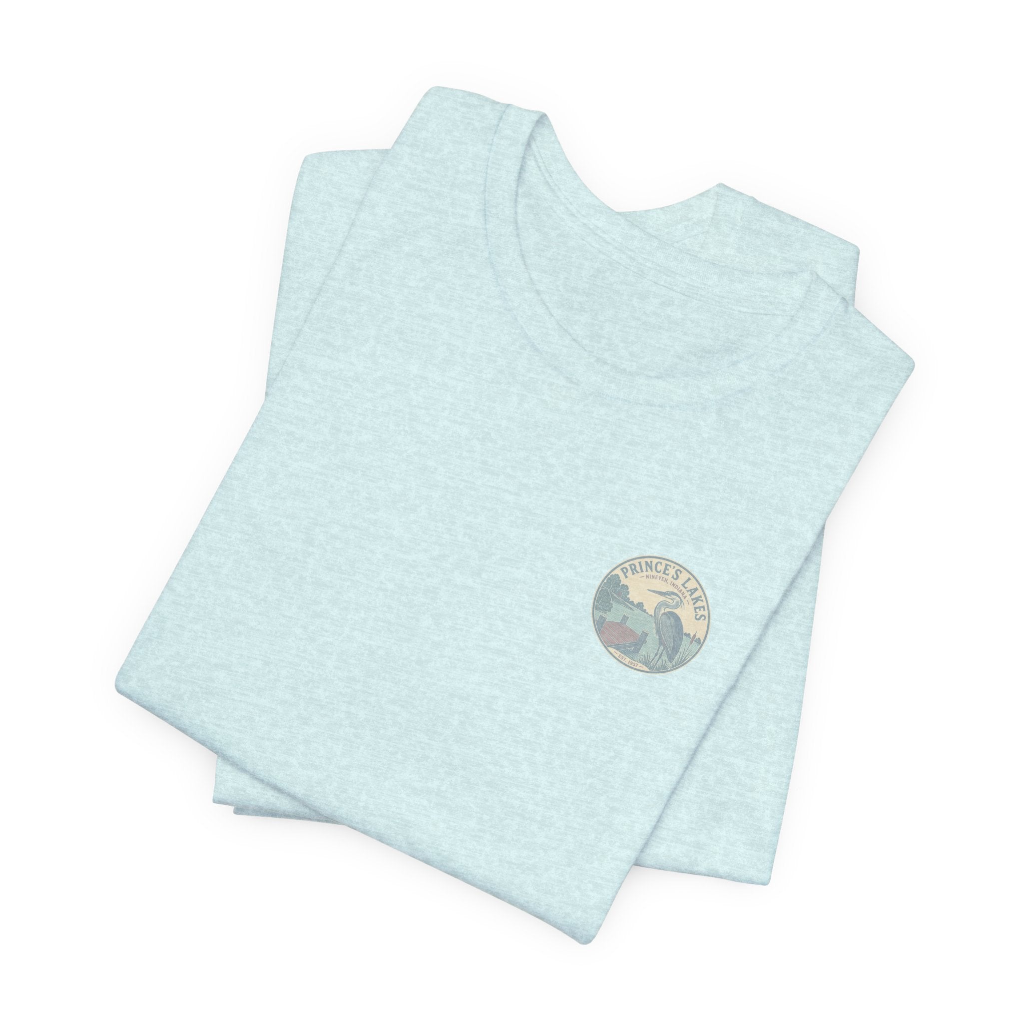 Prince's Lakes Great Blue Heron Graphic Tee — Vintage Nature Pocket & Back Print