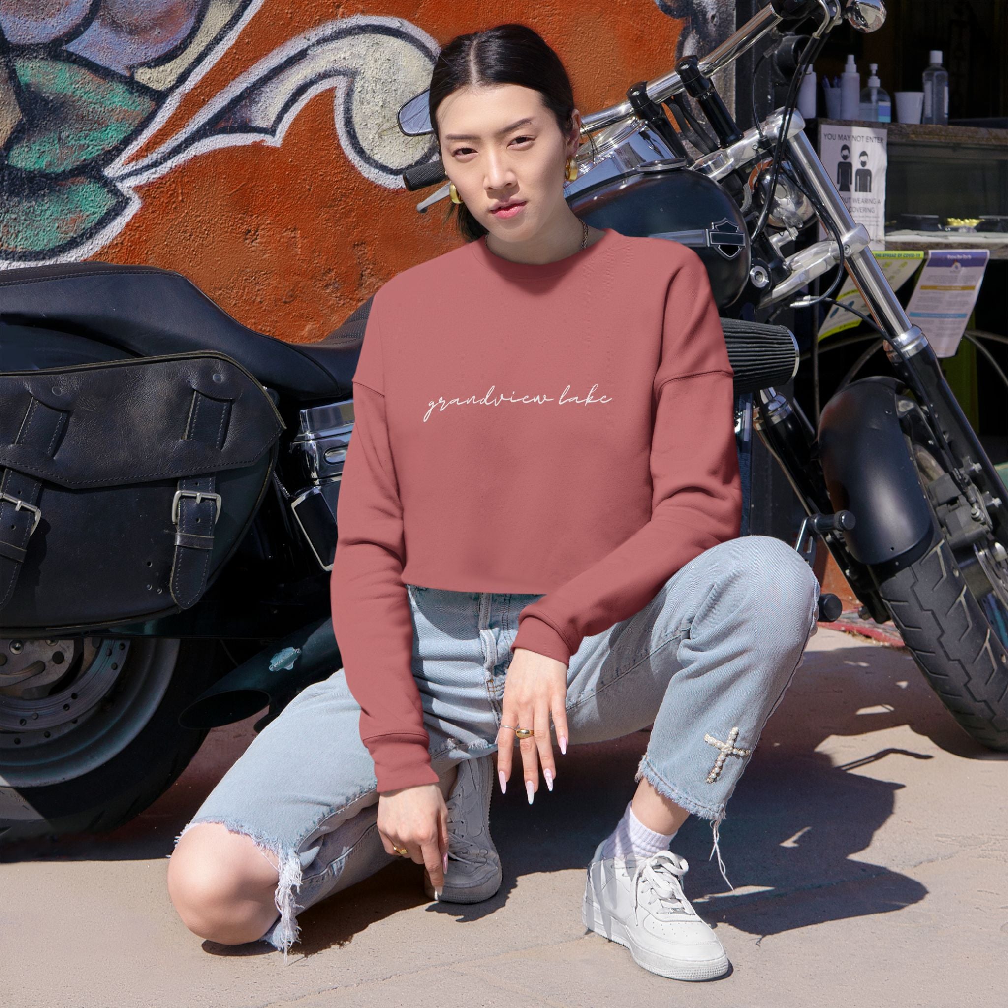 Cropped Hem Sweatshirt — 'grandview lake' Script Logo, Cozy Casual Pullover