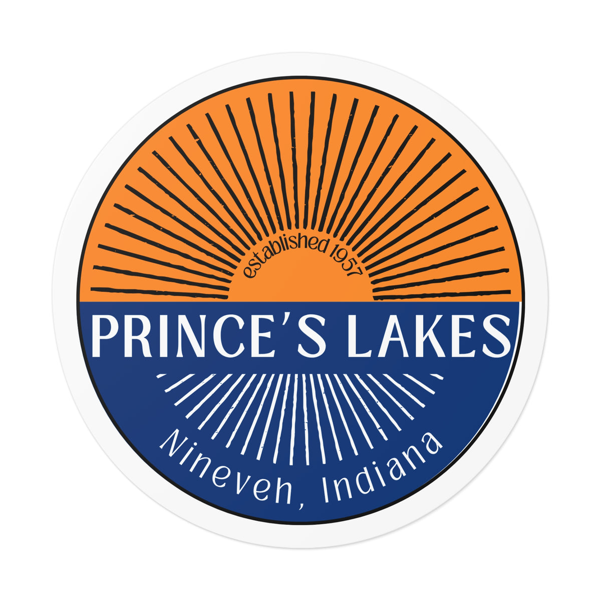 Prince's Lakes Round Vinyl Sticker — Nineveh, Indiana Split Sunrise Design