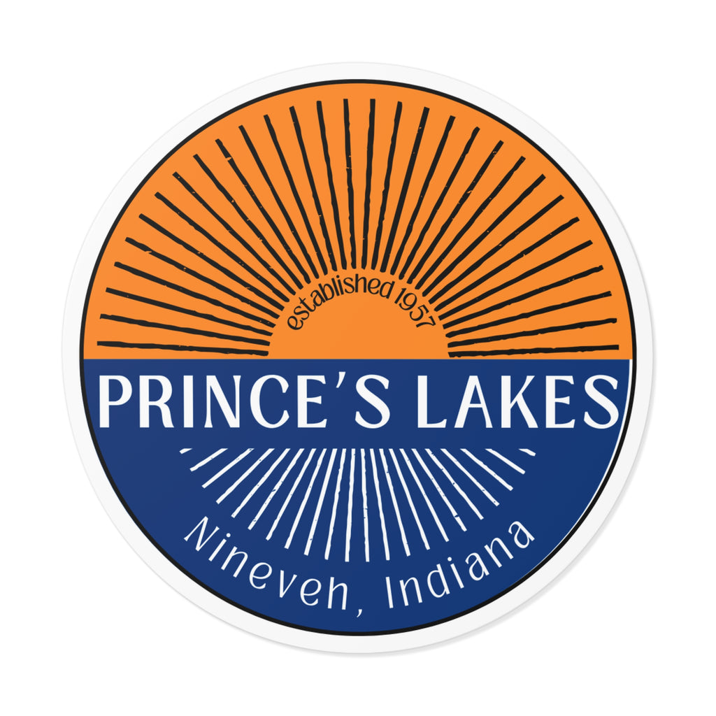 Prince's Lakes Round Vinyl Sticker — Nineveh, Indiana Split Sunrise Design