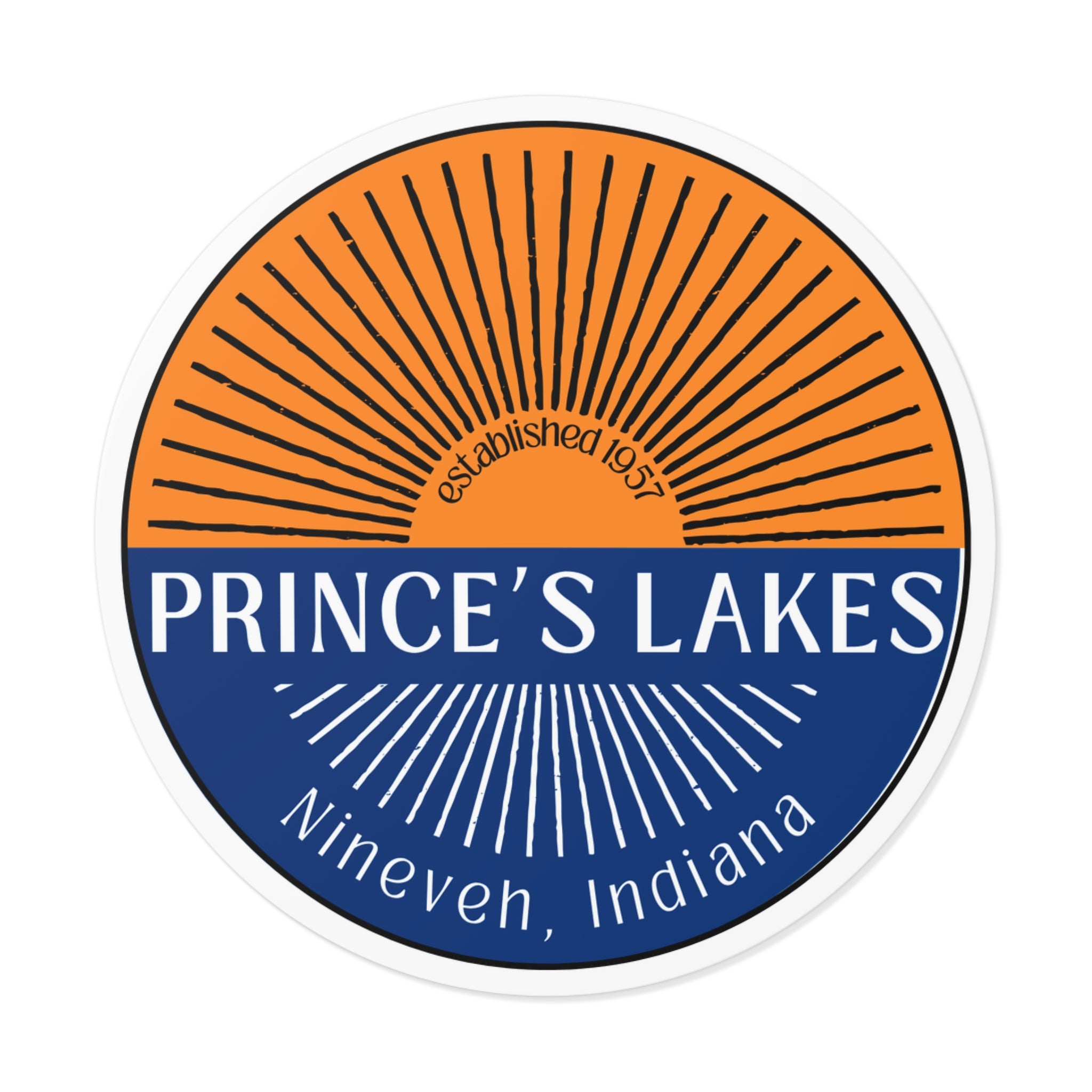Prince's Lakes Round Vinyl Sticker — Nineveh, Indiana Split Sunrise Design