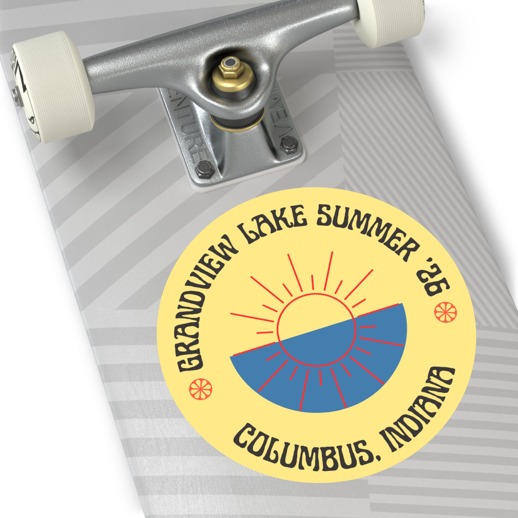 Grandview Lake Summer ’26 Round Vinyl Sticker — Columbus, Indiana Sun Logo