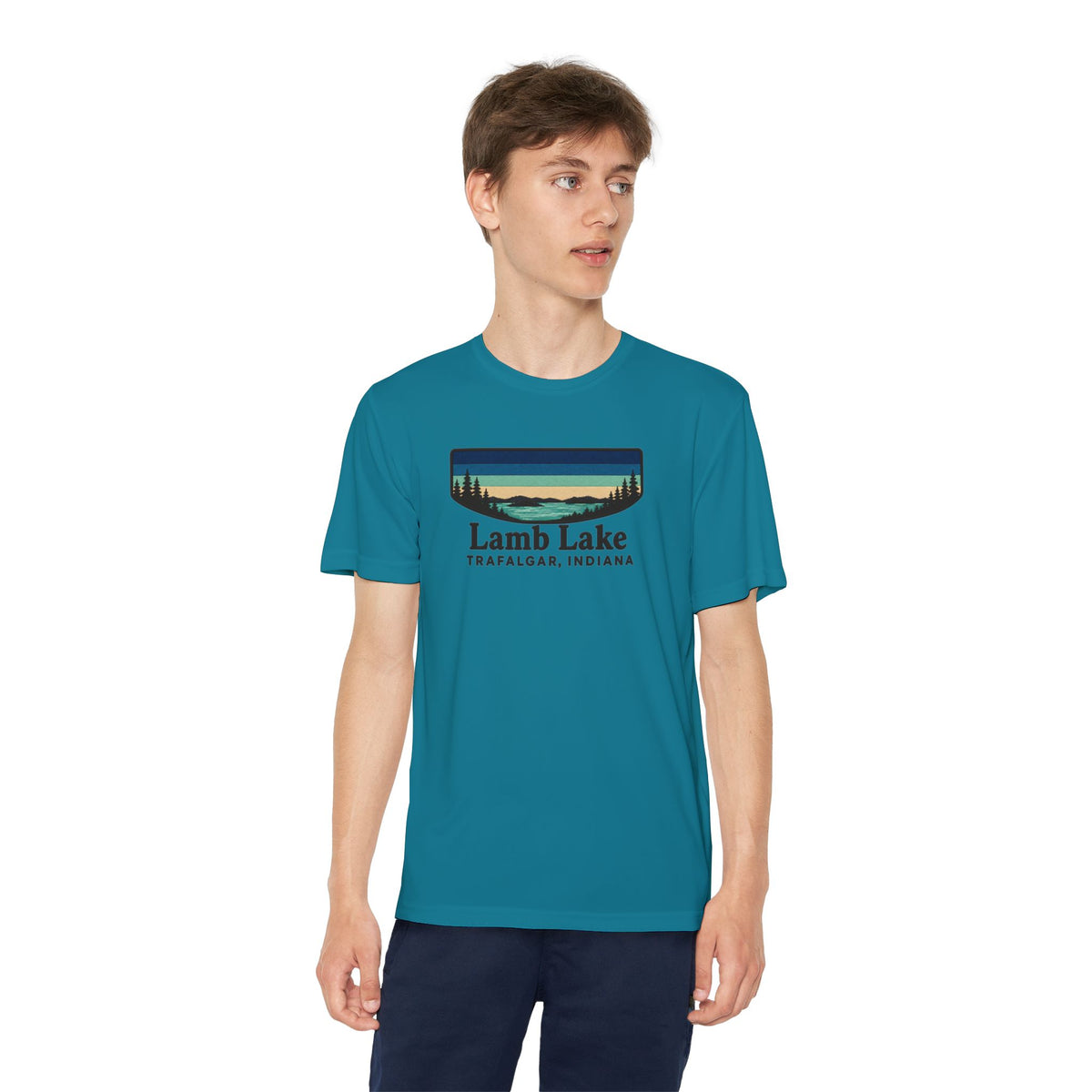 Youth Performance Tee — Lamb Lake Retro Sunset Camp Shirt