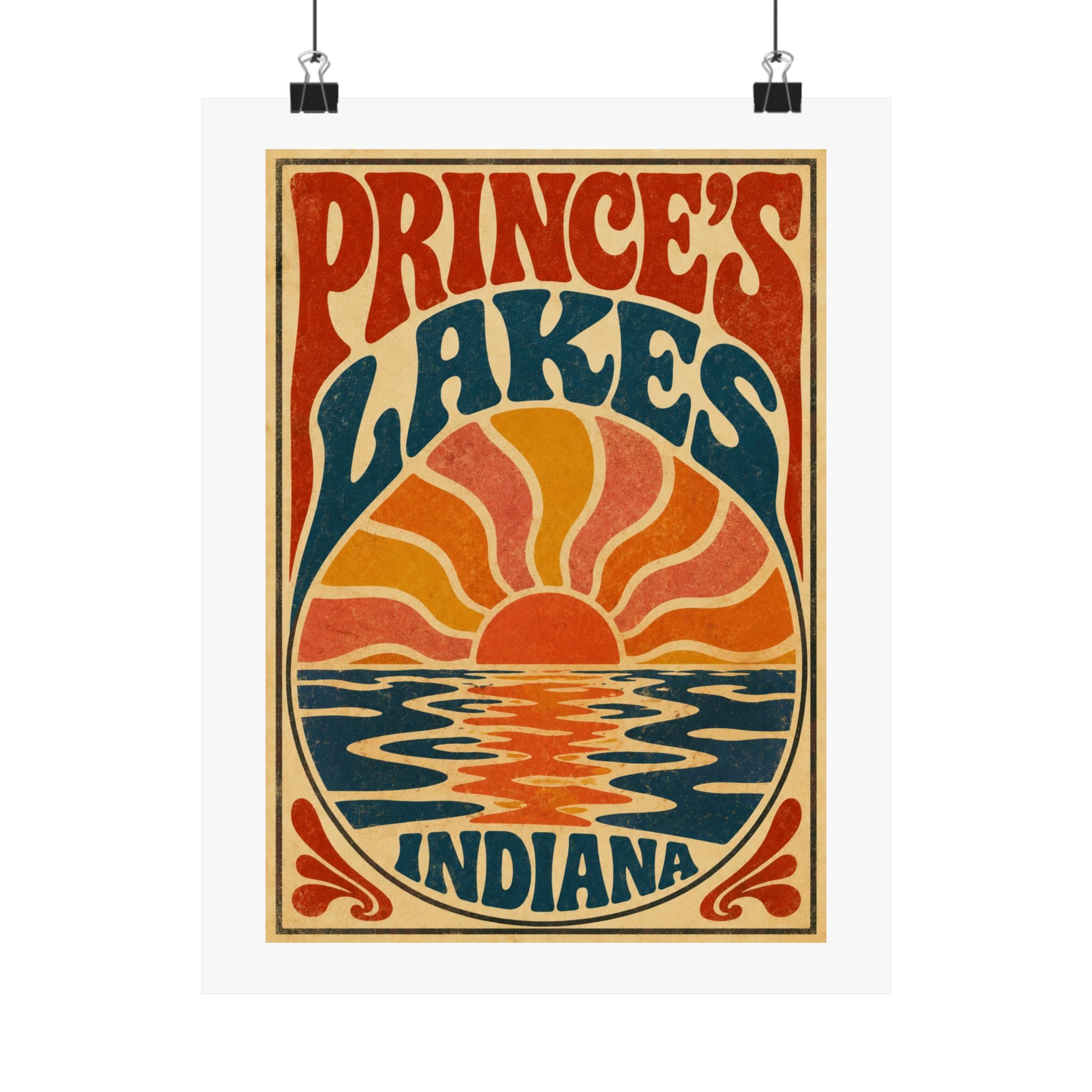 Prince's Lakes Indiana Groovy Sunset Poster — Matte Vertical Wall Art