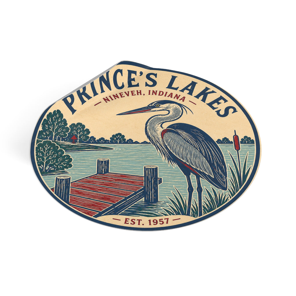 Prince's Lakes Round Vinyl Sticker — Vintage Heron Lake Scene