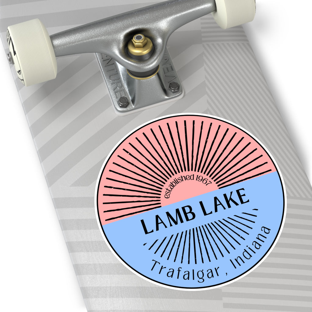 Lamb Lake Split Sun Round Vinyl Sticker — Trafalgar, Indiana (Established 1967)