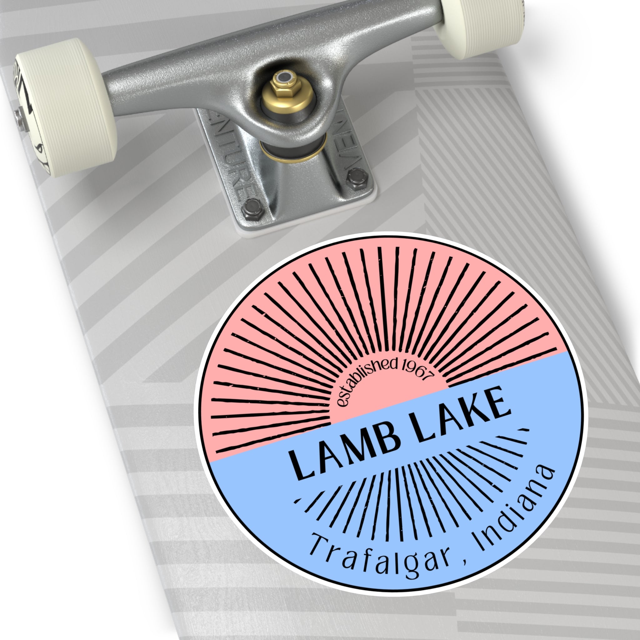 Lamb Lake Split Sun Round Vinyl Sticker — Trafalgar, Indiana (Established 1967)
