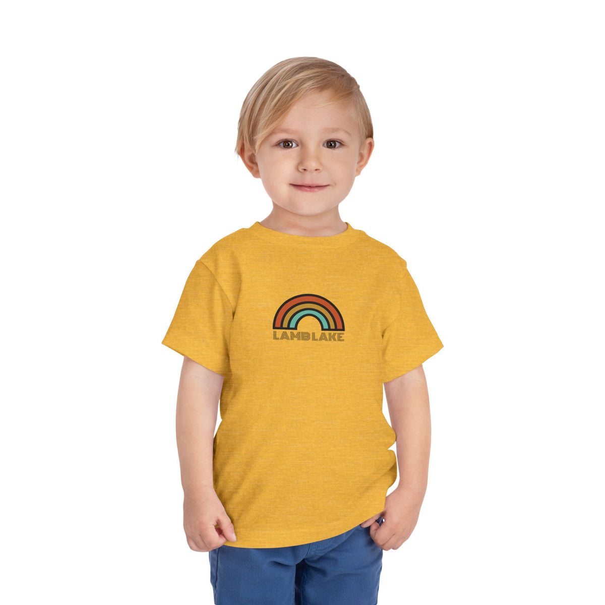 Retro Rainbow Toddler Tee — "Lamb Lake" Graphic Short Sleeve