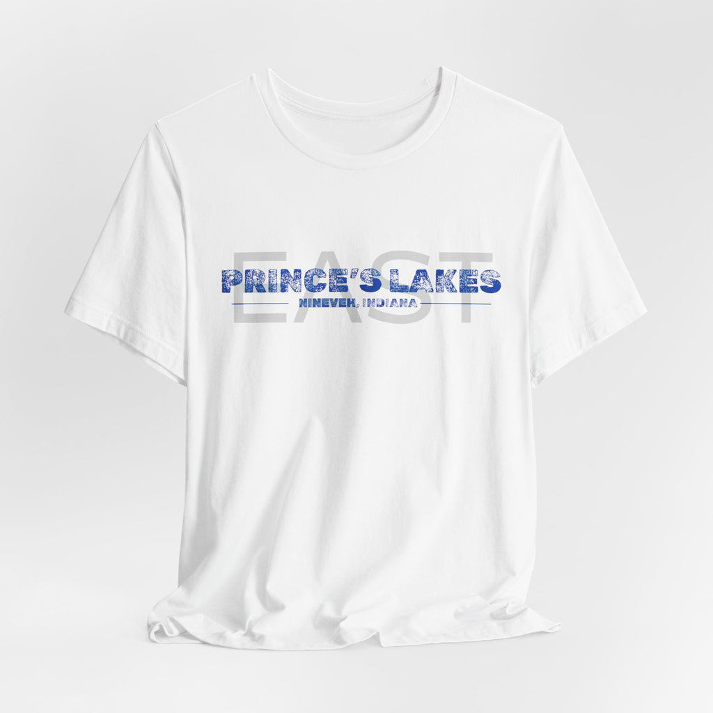 EAST Prince's Lakes, Indiana Tee — Vintage Blue Text Short Sleeve T-Shirt