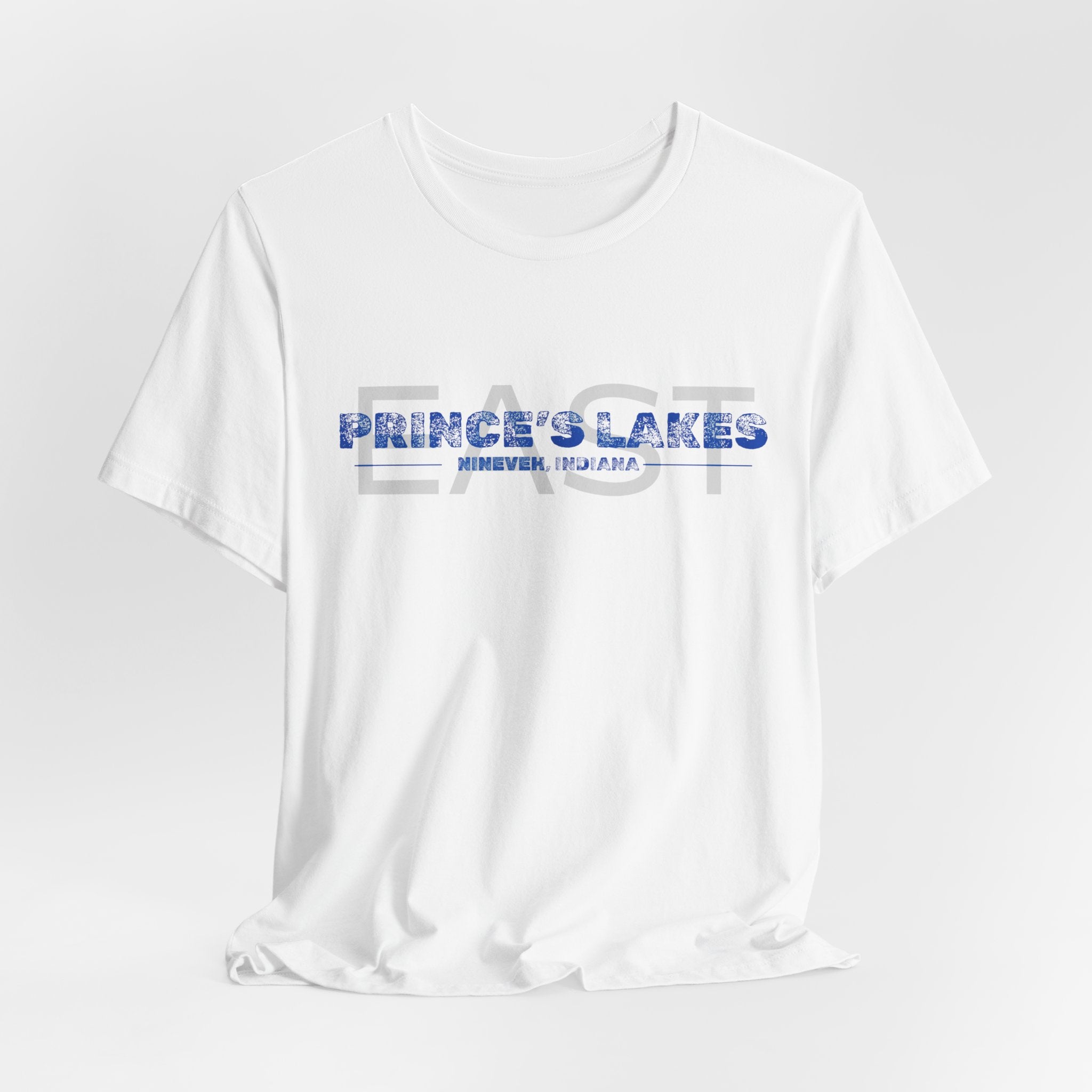 EAST Prince's Lakes, Indiana Tee — Vintage Blue Text Short Sleeve T-Shirt