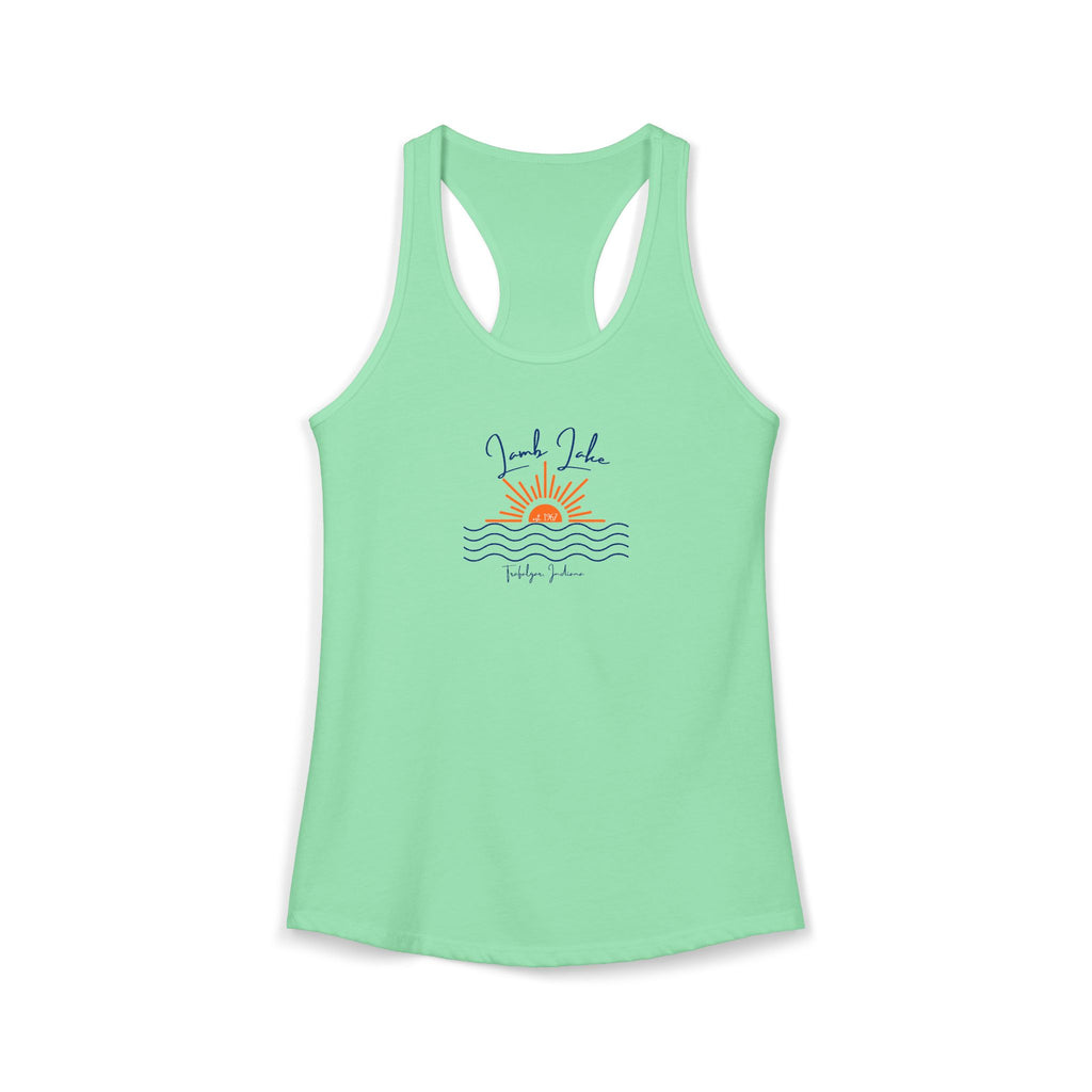 Women's Ideal Racerback Tank- Sun over Water "Lamb Lake" Script