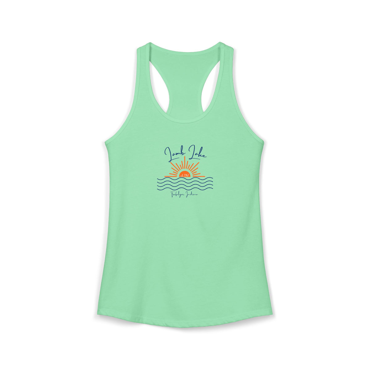 Women's Ideal Racerback Tank- Sun over Water "Lamb Lake" Script