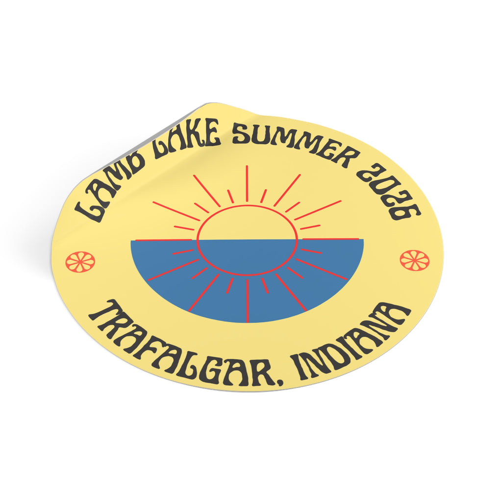 Lamb Lake Summer ’26 Round Vinyl Sticker — Trafalgar, Indiana Sun Logo