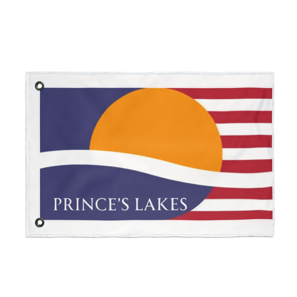 Prince's Lakes Double-Sided Outdoor Flag — Sunset Wave Logo Garden Flag